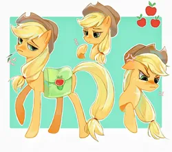 Size: 1024x910 | Tagged: safe, artist:xinjinjumin193918007138, derpibooru import, applejack, earth pony, pony, bag, bust, female, full body, image, mare, png, portrait, raised hoof, solo, straw in mouth