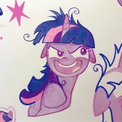 Size: 2160x2160 | Tagged: safe, artist:miss-aciturn, derpibooru import, twilight sparkle, twilight sparkle (alicorn), alicorn, pony, unicorn, female, floppy ears, horn, image, jpeg, mare, marker drawing, open mouth, open smile, smiling, solo, traditional art, twilight snapple