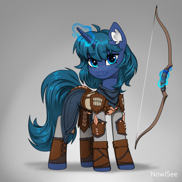 Size: 1500x1500 | Tagged: safe, artist:inowiseei, derpibooru import, oc, oc:arclight, unofficial characters only, pony, unicorn, armor, baldur's gate, baldur's gate 3, bow (weapon), horn, image, png, scale mail, simple background, solo, unicorn oc