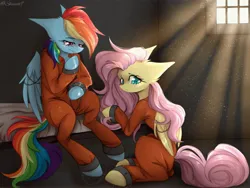 Size: 2048x1542 | Tagged: safe, artist:shinech9, derpibooru import, fluttershy, rainbow dash, bound wings, chains, clothes, commissioner:rainbowdash69, image, jail, jail cell, jpeg, never doubt rainbowdash69's involvement, prison, prison cell, prison outfit, prisoner, prisoner fs, prisoner rd, shackles, wings