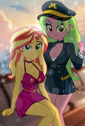 Size: 1342x2000 | Tagged: safe, artist:emeraldblast63, derpibooru import, lemon zest, sunset shimmer, human, equestria girls, g4, bedroom eyes, breasts, busty lemon zest, busty sunset shimmer, cleavage, clothes, dress, duo, duo female, female, hat, image, lens flare, looking at you, png, skirt, smiling, smiling at you, uniform