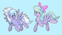 Size: 2048x1150 | Tagged: safe, artist:czscribbles, derpibooru import, cloudchaser, flitter, pegasus, pony, g4, blue background, bow, cute, cutechaser, duo, duo female, eye clipping through hair, female, flitterbetes, hair bow, image, jpeg, looking at you, mare, open mouth, partially open wings, raised hoof, siblings, simple background, sisters, smiling, spread wings, white outline, wings