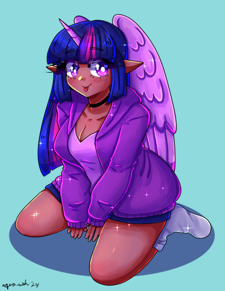 Size: 2550x3300 | Tagged: safe, artist:mylittleyuri, derpibooru import, twilight sparkle, twilight sparkle (alicorn), alicorn, human, g4, 2d, :p, alicorn humanization, bangs, blue background, blushing, breasts, choker, cleavage, clothes, collar, cute, dark skin, elf ears, eyebrows, eyebrows visible through hair, feathered wings, female, heart, heart eyes, hoodie, horn, horned humanization, humanized, image, jacket, kneeling, legs, long sleeves, looking at you, png, shirt, shorts, sideburns, simple background, smiling, smiling at you, socks, solo, straight hair, t-shirt, tongue out, twiabetes, wingding eyes, winged humanization, wings