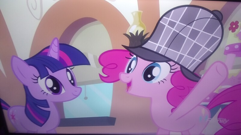 Size: 3264x1828 | Tagged: safe, derpibooru import, pinkie pie, twilight sparkle, unicorn, g4, mmmystery on the friendship express, season 2, camera shot, deerstalker, detective, hat, image, jpeg, photo, picture of a screen, sherlock pie, unicorn twilight