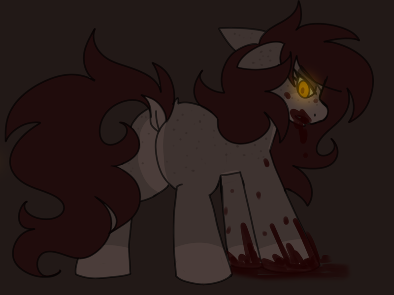 Size: 1200x900 | Tagged: safe, artist:puppie, derpibooru import, oc, oc:delirium, earth pony, pony, blood, blood on face, blood on hooves, blood splatter, crazy eyes, evil, female, glow, glowing eyes, golden eyes, image, looking at you, looking back, looking back at you, mare, png, solo, solo female, vent art