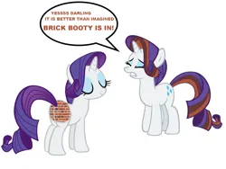 Size: 1600x1200 | Tagged: safe, derpibooru import, edit, rarity, pony, unicorn, brick booty, butt, eyes closed, fashion, fashion style, female, forced meme, horn, image, mare, meme, plot, png, simple background, speech bubble, tail, text, toy, white background