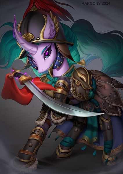 Size: 1061x1500 | Tagged: safe, artist:margony, derpibooru import, mistmane, pony, unicorn, g4, armor, commission, convincing armor, epic, female, glow, glowing horn, gray background, helmet, horn, image, levitation, magic, mare, png, simple background, solo, sword, telekinesis, weapon