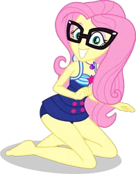 Size: 2357x3011 | Tagged: safe, artist:dustinwatsongkx, derpibooru import, edit, vector edit, fluttershy, human, equestria girls, g4, accessory swap, bare shoulders, barefoot, clothes, clothes swap, feet, female, geode of telekinesis, glasses, grin, high res, image, magical geodes, one-piece swimsuit, png, sci-twi swimsuit, simple background, sleeveless, smiling, solo, swimsuit, swimsuit swap, transparent background, vector