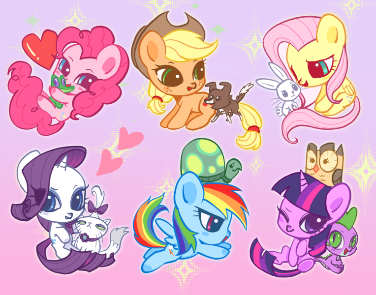 Size: 3301x2594 | Tagged: safe, artist:nimingxiwang168, derpibooru import, angel bunny, applejack, fluttershy, gummy, opalescence, owlowiscious, pinkie pie, rainbow dash, rarity, spike, tank, twilight sparkle, winona, bird, cat, dog, dragon, earth pony, owl, pegasus, pony, tortoise, unicorn, g4, angelbetes, cute, dashabetes, diapinkes, gradient background, gummybetes, horn, image, jackabetes, mane seven, mane six, opalbetes, owlabetes, png, raribetes, shyabetes, solo, spikabetes, tankabetes, twiabetes, unicorn twilight, wingless spike, winonabetes