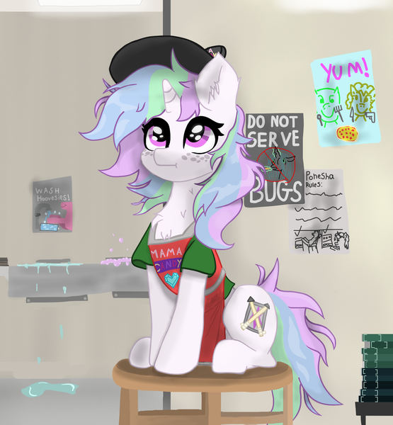 Size: 1421x1537 | Tagged: safe, artist:minecake, derpibooru import, queen chrysalis, oc, oc:cake sparkle, unofficial characters only, pony, unicorn, apron, clothes, ear fluff, female, freckles, horn, image, neck fluff, pizza box, png, poster, sink, solo, stool, uniform, visor cap