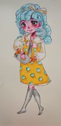 Size: 1823x3741 | Tagged: safe, artist:xinjinjumin784076735560, derpibooru import, cozy glow, human, equestria girls, g4, clothes, cupcake, dress, food, image, jpeg, simple background, traditional art, tray, white background