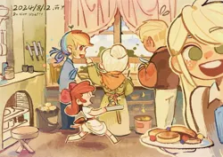 Size: 1535x1087 | Tagged: safe, artist:cloverieee, derpibooru import, apple bloom, applejack, big macintosh, granny smith, rainbow dash, human, apple family, cooking, eating, humanized, image, jpeg, kitchen, knife, open mouth, plate, smiling