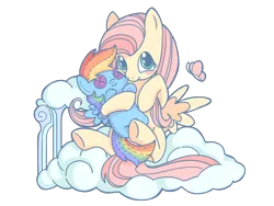 Size: 3464x2598 | Tagged: safe, artist:叶荫, derpibooru import, fluttershy, rainbow dash, butterfly, insect, pegasus, pony, cloud, female, hug, image, looking at you, mare, plushie, png, rainbow dash plushie, simple background, solo, transparent background