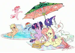 Size: 3036x2125 | Tagged: safe, artist:tina1804, derpibooru import, applejack, fluttershy, pinkie pie, rainbow dash, rarity, twilight sparkle, twilight sparkle (alicorn), alicorn, earth pony, pegasus, pony, unicorn, beach chair, beach towel, book, chair, drink, female, horn, image, jpeg, jumping, mane six, mare, parasol (umbrella), simple background, splashing, straw, swimming pool, towel, water, wet, white background