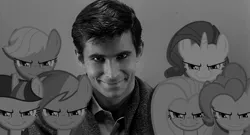 Size: 1777x962 | Tagged: safe, artist:thetremendousmario, derpibooru import, applejack, fluttershy, pinkie pie, rainbow dash, rarity, twilight sparkle, alfred hitchcock, evil grin, grayscale, grin, image, jpeg, monochrome, norman bates, psycho, smiling