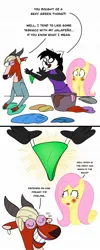 Size: 800x1997 | Tagged: safe, artist:abigail m., derpibooru import, fluttershy, oc, oc:vanessa, anthro, gazelle, lemur, pegasus, pony, g4, 2 panel comic, anthro oc, basket, blushing, clothes, cloven hooves, comic, commission, crossover, dialogue, ear piercing, earring, embarrassed, eyes closed, female, furry, furry oc, grin, image, jewelry, jpeg, mare, my gym partner's a monkey, non-mlp oc, nurse gazelle, one eye closed, panties, piercing, smiling, thong, underwear, wink