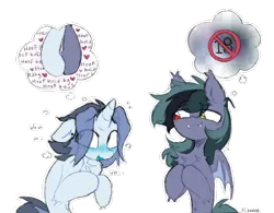 Size: 912x713 | Tagged: suggestive, artist:flixanoa, derpibooru import, oc, oc:fef, oc:scrimmy, unofficial characters only, bat pony, pony, unicorn, bat pony oc, bat wings, belly fluff, big eyes, blue blush, blue coat, blue mouth, blue tongue, blushing, censored, chest fluff, colored mouth, colored tongue, colored wings, commission, duo, duo male, ear fluff, ear piercing, ear tufts, earring, emanata, eye clipping through hair, eyebrows, eyebrows visible through hair, fangs, floppy ears, fluffy, gauges, gay, gray coat, green tail, grin, heterochromia, hock fluff, holding hooves, hoof hold, hooves together, horn, human shoulders, image, jewelry, lewd, lewd thoughts, lidded eyes, light blue coat, long mane, long mane male, looking at someone, looking away, male, male oc, nervous, nervous grin, nose blush, oc x oc, open mouth, open smile, outline, palindrome get, partially open wings, piercing, plewds, png, procreate app, shipping, shoulder fluff, signature, simple background, slender, smiling, smiling at someone, stallion, stallion oc, tail, text, thick horn, thin, thinking, thought bubble, three toned mane, transparent background, two toned mane, two toned wings, unicorn oc, wings, ych example, your character here