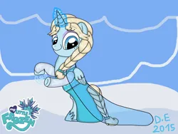 Size: 1024x768 | Tagged: safe, artist:daniarts19, derpibooru import, ponified, alicorn, pony, 2015, blue background, braid, clothes, disney, dress, elsa, eyeshadow, female, folded wings, frozen (movie), horn, image, jpeg, logo parody, looking down, makeup, mare, simple background, smiling, snow, snowflake, solo, standing on two hooves, wings