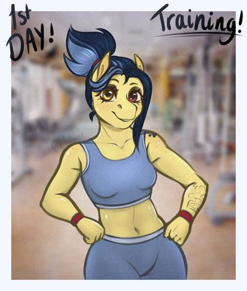 Size: 2200x2600 | Tagged: safe, artist:acry-artwork, derpibooru import, oc, oc:lena, unofficial characters only, anthro, earth pony, anthro oc, clothes, earth pony oc, image, leggings, midriff, png, solo, sports bra