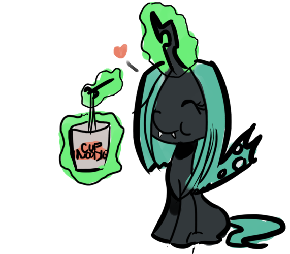 Size: 571x500 | Tagged: safe, artist:anonymous, queen chrysalis, changeling, changeling queen, nymph, /mlp/, 4chan, ^^, drawthread, eating, eyes closed, fangs, female, filly queen chrysalis, food, fork, glowing horn, heart, horn, image, instant noodles, levitation, magic, noodles, png, simple background, sitting, smiling, solo, telekinesis, white background, younger