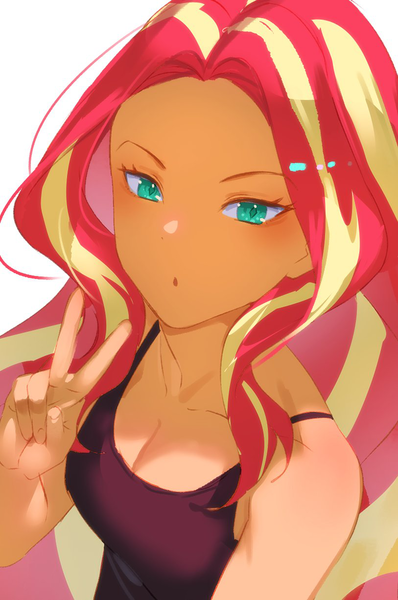 Size: 813x1226 | Tagged: safe, artist:alba_pura, derpibooru import, sunset shimmer, human, equestria girls, g4, breasts, cleavage, collarbone, female, image, looking at you, peace sign, png, simple background, solo, white background