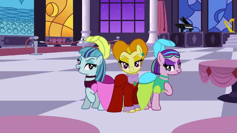 Size: 1024x576 | Tagged: safe, artist:hawk9mm, artist:sirius-writer, derpibooru import, adagio dazzle, aria blaze, sonata dusk, ponified, pony, g4, anastasia tremaine, cinderella, disney, drizella tremaine, image, jpeg, lady tremaine, the dazzlings