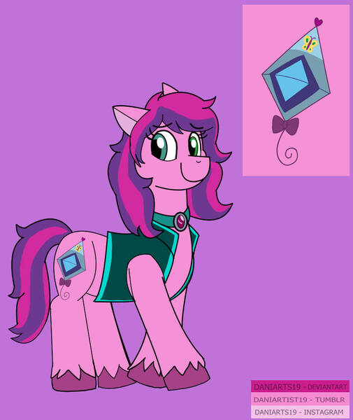 Size: 828x983 | Tagged: safe, artist:daniarts19, derpibooru import, skywishes, earth pony, pony, g3, alternate universe, clothes, cute, daniverse, female, image, jacket, jpeg, kite, looking to the left, mare, purple background, redesign, sideways glance, simple background, smiling, solo, two toned mane, unshorn fetlocks