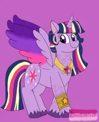 Size: 827x1018 | Tagged: safe, artist:daniarts19, derpibooru import, twilight sparkle, twilight sparkle (alicorn), alicorn, pony, g4, bracelet, colored wings, female, image, jewelry, jpeg, looking to the left, mare, multicolored wings, regalia, sideways glance, smiling, solo, spread wings, unshorn fetlocks, wings