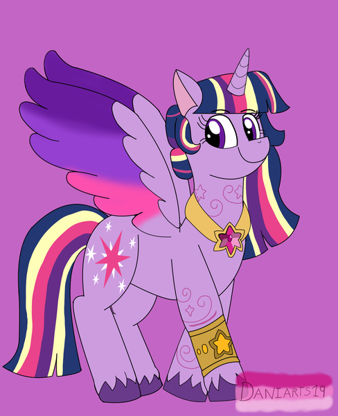 Size: 1680x2066 | Tagged: safe, artist:daniarts19, derpibooru import, twilight sparkle, twilight sparkle (alicorn), alicorn, pony, g4, bracelet, colored wings, female, image, jewelry, looking to the left, mare, multicolored wings, png, regalia, sideways glance, smiling, solo, spread wings, unshorn fetlocks, wings