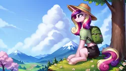 Size: 2560x1440 | Tagged: safe, ai content, derpibooru import, machine learning generated, prompter:infernum, stable diffusion, princess cadance, alicorn, pony, g4, backpack, clothes, cloud, day, female, flower, generator:pony diffusion v6 xl, horn, image, looking forward, mare, midriff, png, short shirt, shorts, sitting, solo, spring, tree, unshorn fetlocks