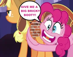 Size: 878x691 | Tagged: safe, derpibooru import, edit, applejack, pinkie pie, pony, g4, blue eyes, brick booty, butt, crazy face, dock, duo, duo female, faic, female, forced meme, green eyes, hug, image, mane, mare, meme, plot, png, tail