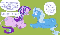 Size: 1168x684 | Tagged: safe, artist:saskaw, derpibooru import, starlight glimmer, trixie, classical unicorn, pony, unicorn, g4, blush scribble, blushing, cloven hooves, duo, duo female, female, green background, horn, image, jpeg, leonine tail, lesbian, lying down, prone, shipping, simple background, speech bubble, startrix, unshorn fetlocks