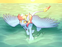 Size: 4816x3664 | Tagged: safe, artist:helemaranth, derpibooru import, oc, oc:merrifeather, unofficial characters only, pegasus, pony, colored wings, commission, derpibooru exclusive, evening, eye clipping through hair, eyebrows, eyebrows visible through hair, female, flying, high angle, horizon, image, jewelry, leonine tail, looking at you, looking up, looking up at you, mare, necklace, ocean, pegasus oc, png, ponytail, skimming, smiling, smiling at you, solo, spread wings, sun, tail, two toned mane, two toned tail, two toned wings, unshorn fetlocks, vial, water, wings, yellow eyes