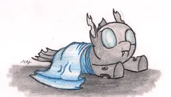 Size: 1701x965 | Tagged: safe, artist:mes, changeling, /mlp/, 4chan, blanket, blanket burrito, drawthread, fangs, image, pencil drawing, png, prone, signature, solo, traditional art