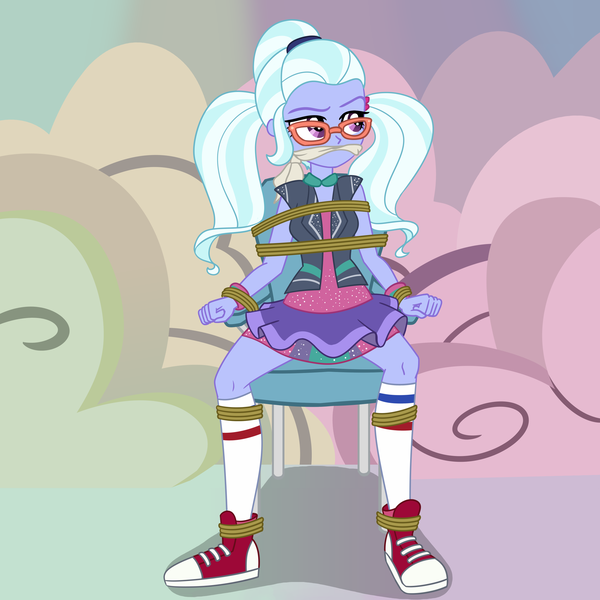 Size: 2500x2500 | Tagged: safe, artist:nie-martw-sie-o-mnie, derpibooru import, part of a set, sugarcoat, human, equestria girls, g4, bondage, chair, cleave gag, cloth gag, clothes, converse, equestria girls specials, female, femsub, gag, image, my little pony equestria girls: dance magic, png, rope, rope bondage, shoes, sitting, skirt, sneakers, socks, solo, spread legs, spreading, submissive, sugarsub