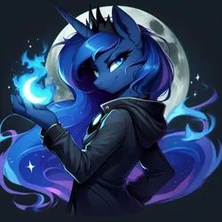 Size: 2048x2048 | Tagged: safe, ai content, derpibooru import, machine learning generated, princess luna, alicorn, anthro, pony, g4, black background, blue fire, clothes, crescent moon, crown, female, fire, generator:bing image creator, generator:dall-e 3, hand, holding, image, jacket, jewelry, long hair, magic, mare, moon, png, prompter:montaraz13, regalia, side view, simple background, smiling, smug, smug smile, solo, spell, wingless, wingless alicorn, wingless anthro