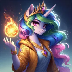 Size: 2048x2048 | Tagged: safe, ai content, derpibooru import, machine learning generated, princess celestia, alicorn, anthro, pony, g4, bracelet, clothes, crown, female, fireball, generator:bing image creator, generator:dall-e 3, gradient background, hand, holding, image, jacket, jewelry, long hair, magic, mare, necklace, png, prompter:montaraz13, regalia, smiling, solo, spell, sun, wingless, wingless alicorn, wingless anthro