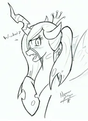 Size: 1982x2719 | Tagged: safe, artist:nayaasebeleguii, queen chrysalis, changeling, changeling queen, /mlp/, 4chan, alternate hairstyle, blushing, dialogue, drawthread, female, image, jpeg, looking at you, monochrome, open mouth, ponytail, signature, simple background, slit eyes, solo, white background