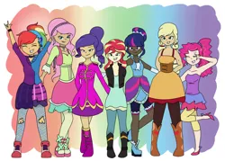 Size: 1023x731 | Tagged: safe, artist:aurorepeachie, derpibooru import, applejack, fluttershy, pinkie pie, rainbow dash, rarity, sci-twi, sunset shimmer, twilight sparkle, human, equestria girls, friendship through the ages, g4, 2015, ancient wonderbolts uniform, clothes, country applejack, dark skin, female, folk fluttershy, human coloration, humane five, humane seven, humane six, image, jpeg, light skin, multicolored hair, new wave pinkie, old art, rainbow hair, rainbow punk, sgt. rarity, tan skin