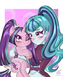 Size: 1206x1462 | Tagged: safe, artist:namieart, derpibooru import, aria blaze, sonata dusk, ponified, human, pony, unicorn, equestria girls, g4, ariabetes, blushing, chest fluff, colored eyelashes, colored hooves, cross-popping veins, cute, duo, duo female, emanata, equestria girls ponified, female, frown, holding a pony, hooves, horn, hug, image, lesbian, magenta eyelashes, one eye closed, passepartout, png, purple eyelashes, ship:arisona, shipping, smiling, sonatabetes, unicorn aria blaze, unshorn fetlocks