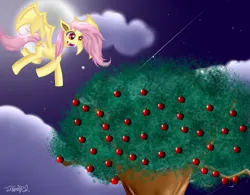 Size: 1024x797 | Tagged: safe, artist:itiffanyblue, derpibooru import, fluttershy, bat pony, pony, g4, 2014, apple, apple tree, bat ponified, flutterbat, food, full moon, image, jpeg, moon, night, race swap, tree