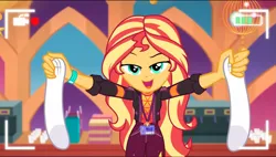 Size: 1375x779 | Tagged: safe, derpibooru import, screencap, sunset shimmer, human, equestria girls, g4, camera shot, clothes, humanized, image, out of context, png, socks