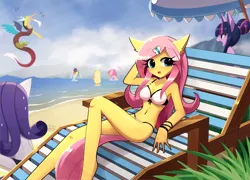 Size: 1920x1380 | Tagged: safe, artist:howxu, derpibooru import, applejack, discord, fluttershy, pinkie pie, rainbow dash, rarity, twilight sparkle, anthro, draconequus, beach, beach chair, belly, belly button, bikini, breasts, busty fluttershy, chair, cleavage, clothes, cross-popping veins, emanata, female, image, laughing, male, mane six, ocean, panties, png, pointing, solo focus, swimsuit, thong, underwear, water