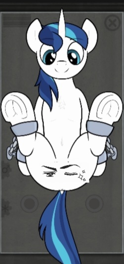 Size: 251x531 | Tagged: suggestive, derpibooru import, edit, shining armor, pony, unicorn, g4, belly, belly button, butt, chest fluff, cuffed, cuffs, dock, horn, image, jpeg, one eye closed, plot, secret horse files, smiling, tail, underhoof, wink