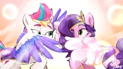 Size: 3840x2160 | Tagged: safe, artist:skullfroggy, derpibooru import, pipp petals, zipp storm, pegasus, pony, g5, 4k, abstract background, duo, duo female, female, hiding behind wing, high res, image, jpeg, looking at each other, looking at someone, mare, royal sisters (g5), siblings, signature, sisters, wings