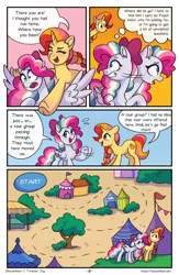 Size: 1496x2300 | Tagged: safe, artist:skysorbett, derpibooru import, oc, oc:peach bubble, oc:sky sorbet, unofficial characters only, pegasus, pony, unicorn, comic:breaking free, comic, female, horn, hug, hug from behind, image, mare, png, speech bubble, talking, thought bubble