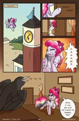 Size: 1496x2300 | Tagged: safe, artist:skysorbett, derpibooru import, oc, oc:sky sorbet, unofficial characters only, bird, crow, pegasus, pony, comic:breaking free, clock tower, comic, female, flying, image, mare, png, speech bubble, talking