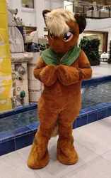 Size: 251x400 | Tagged: safe, artist:atalonthedeer, derpibooru import, oc, oc:keropony, unofficial characters only, 2017, bandana, eurofurence, fountain, fursuit, image, indoors, irl, jpeg, photo, ponysuit, solo