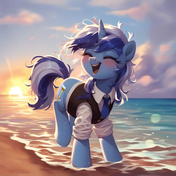 Size: 1024x1024 | Tagged: safe, ai content, derpibooru import, machine learning generated, prompter:jesterofdestiny, stable diffusion, minuette, beach, clothes, eyes closed, generator:pony diffusion v6 xl, generator:purplesmart.ai, image, laughing, lens flare, necktie, open mouth, open smile, png, sand, shirt, smiling, solo, sunset, vest, water, wet, wet clothes, wet mane