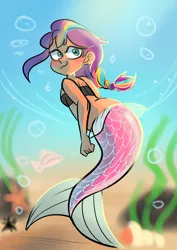 Size: 1240x1754 | Tagged: safe, artist:jully-park, derpibooru import, sunny starscout, mermaid, starfish, equestria girls, g4, g5, bubble, equestria girls-ified, g5 to equestria girls, g5 to g4, generation leap, grin, image, jpeg, looking at you, looking back, looking back at you, mane stripe sunny, mermaidized, nervous, nervous grin, sand, sea urchin, seaweed, smiling, solo, species swap, tube top, underwater